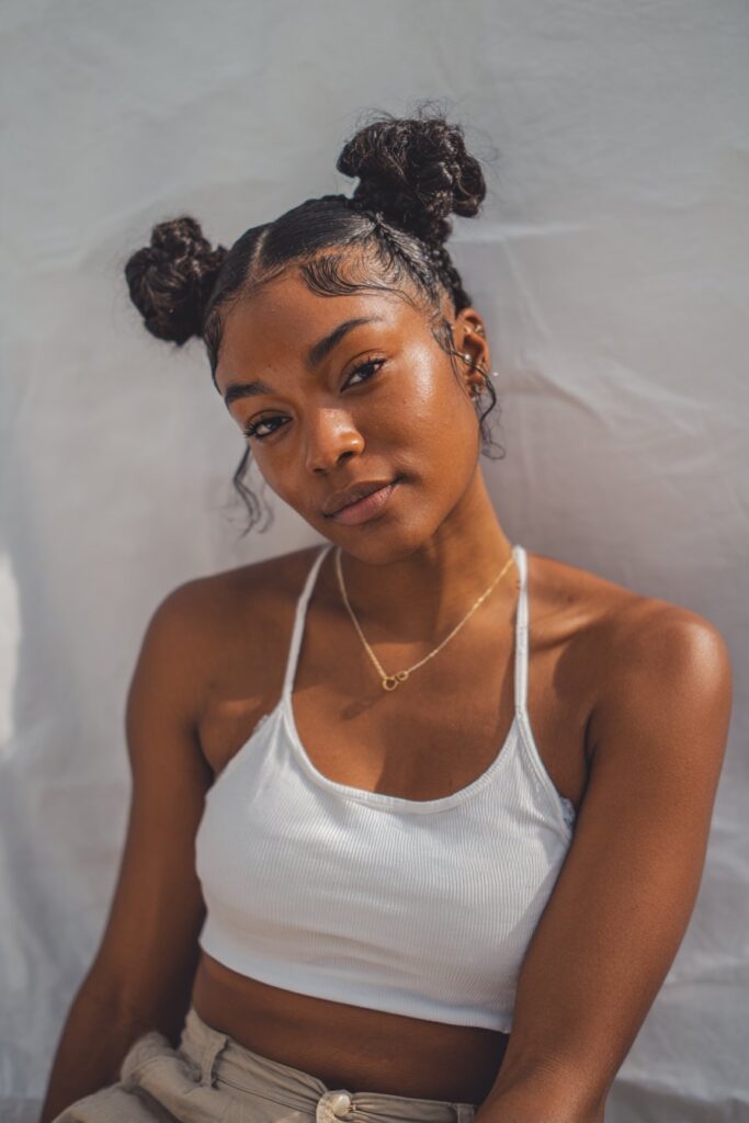American woman with tribal braids styled into two high space buns, fun playful makeup, bold eyebrows, white backdrop.