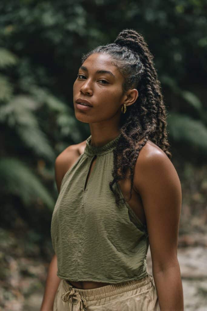 Natural portrait of American woman with thick twist braids in mid-level ponytail wearing earthy tones against forest backdrop.