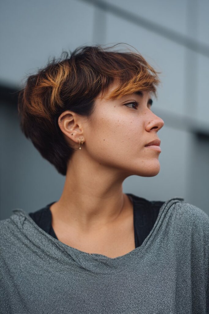 American female model with 4C hair in two-tone pixie haircut, black and caramel, stylish modern vibe, gray background.
