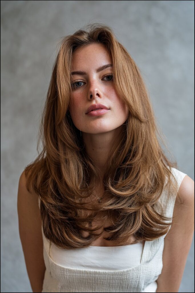 American model with ultra-long butterfly layers, soft bangs, voluminous waves, shine texture, elegant makeup, gray backdrop.