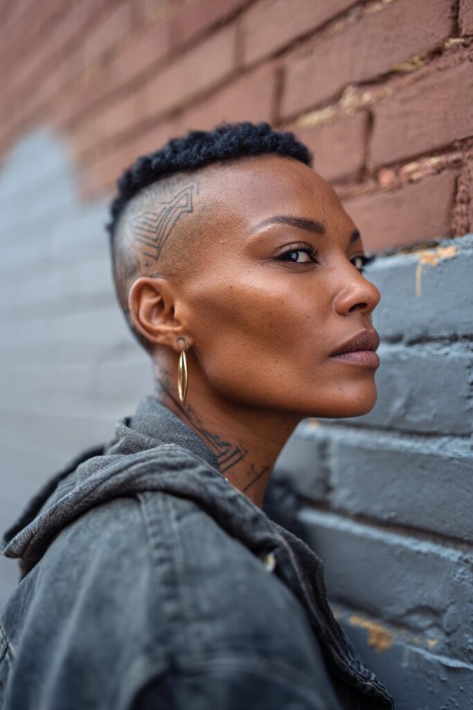 Urban portrait of Black woman with bold pixie undercut featuring shaved side designs, edgy look against brick wall.