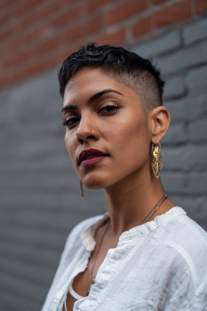 Edgy portrait of American woman with undercut stacked pixie, faded sides, bold lip color against brick wall.