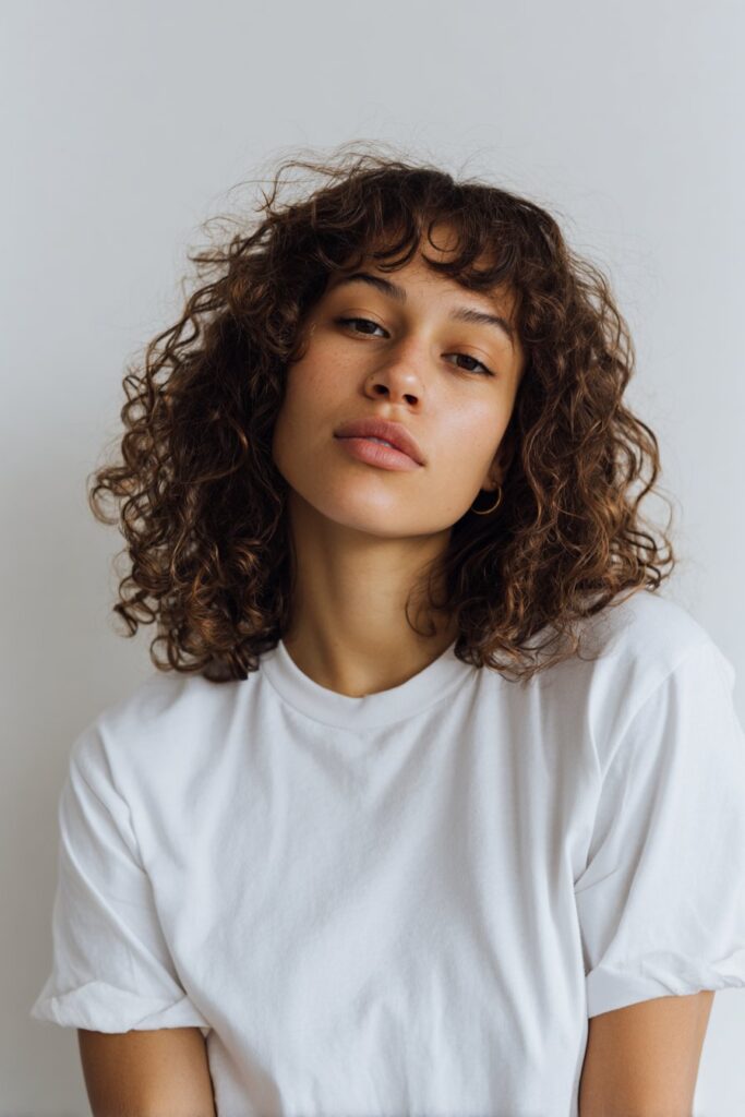 Minimalist portrait of American woman with natural shoulder-length curls, subtle curtain bangs on clean white background.