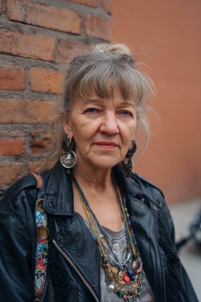 Creative older American woman with uneven bangs, short textured hair, expressive vibe, colorful accessories, urban brick wall background.