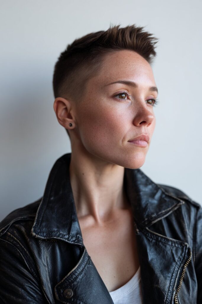 Modern American model with very short spiky hair and undercut wearing leather jacket against seamless white backdrop.