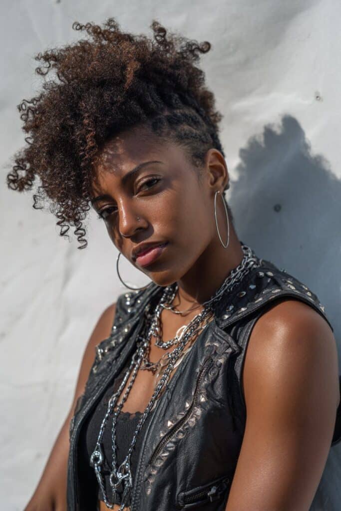 American woman with big voluminous curly mohawk hairstyle, fierce rocker outfit and confident expression against white background.