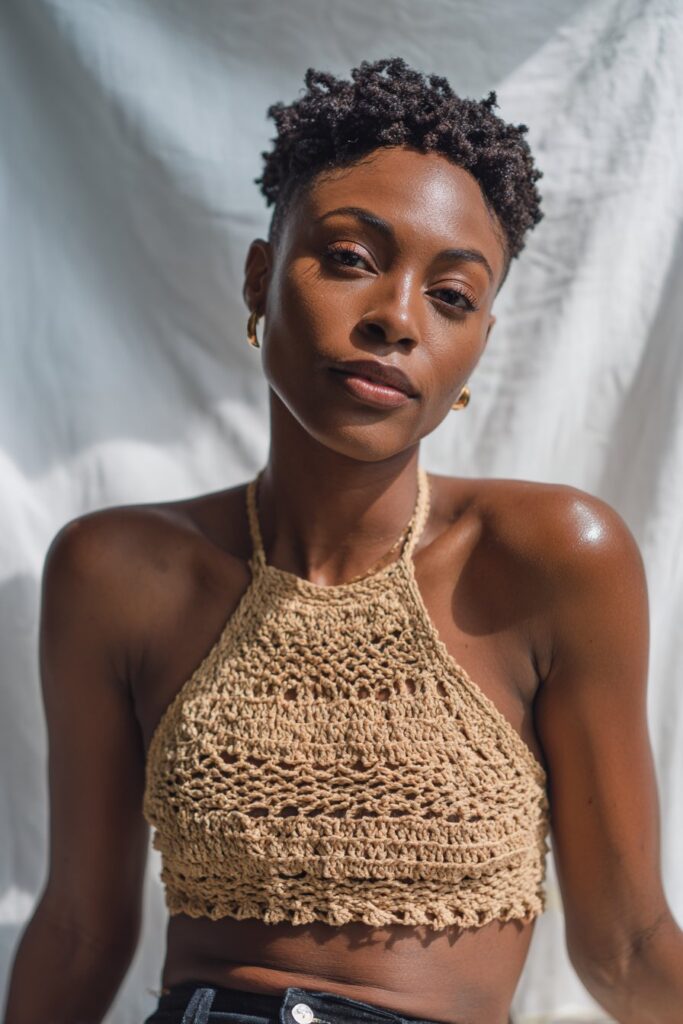 Radiant Black woman with short crochet pixie style, bold eye makeup, stylish crop top, white backdrop.