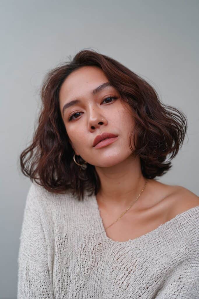 Stylish Black woman with crochet wavy bob, natural makeup, neutral outfit, soft gray fabric backdrop.