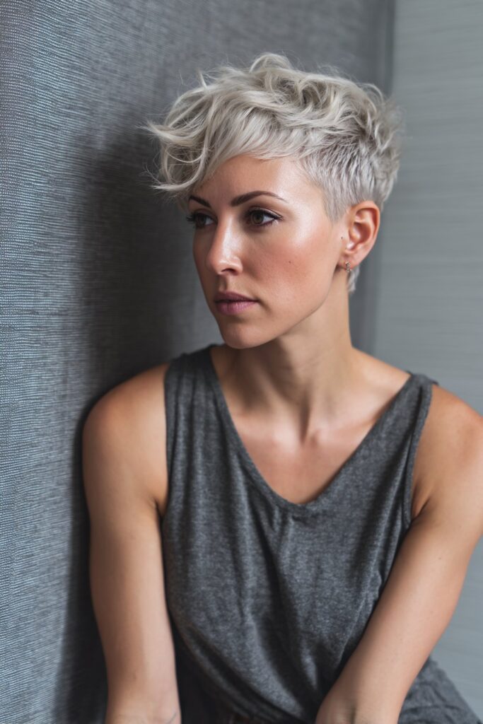 American woman with wavy textured spiky pixie hairstyle and long side bangs in modern chic look against gray.