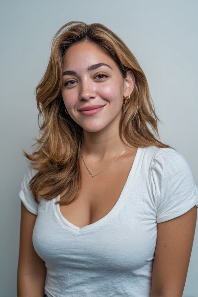 Professional portrait of smiling American woman with round face and layered butterfly haircut against white backdrop.