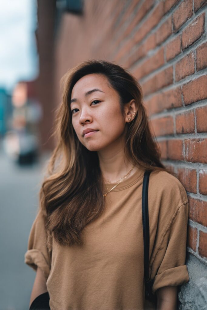 Natural portrait of American woman with round face and voluminous butterfly haircut against urban brick wall.