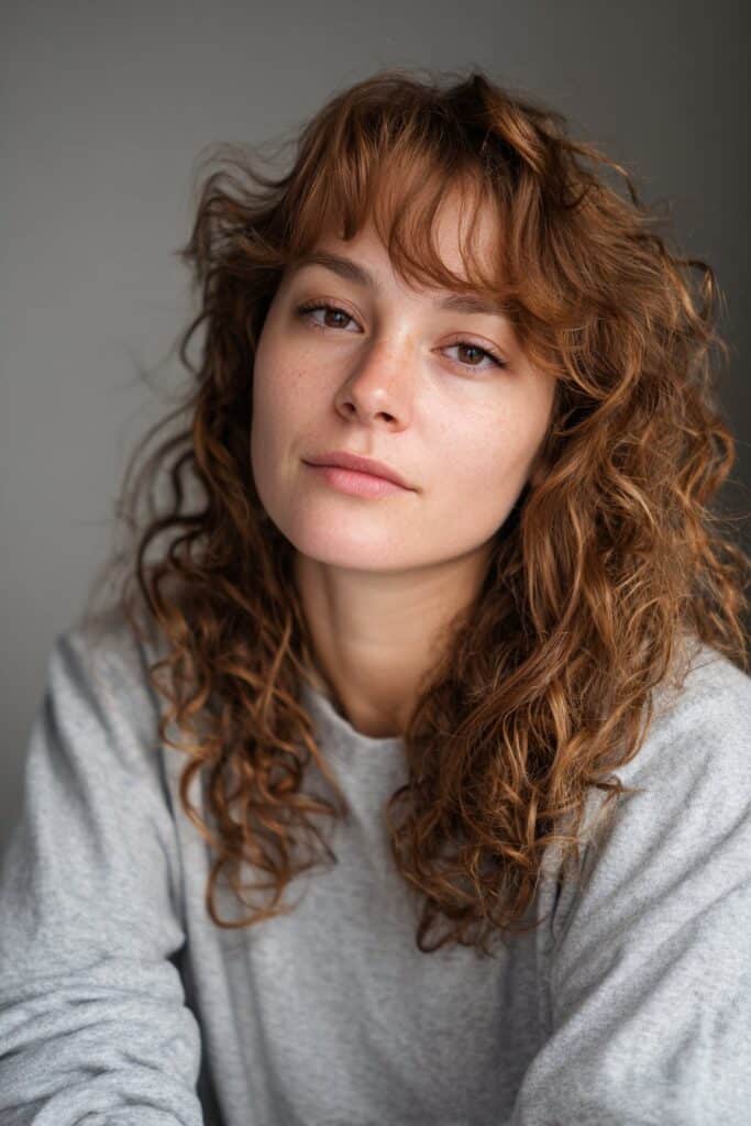 Natural portrait of American woman with shoulder-length curls, wide curtain bangs, subtle smile against soft gray fabric.