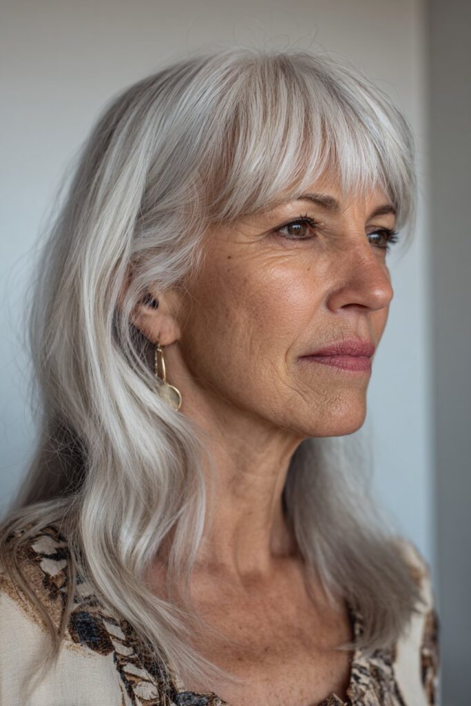 Graceful older American woman with light wispy bangs, silver shoulder-length hair, elegant clothing, serene expression, seamless white backdrop.