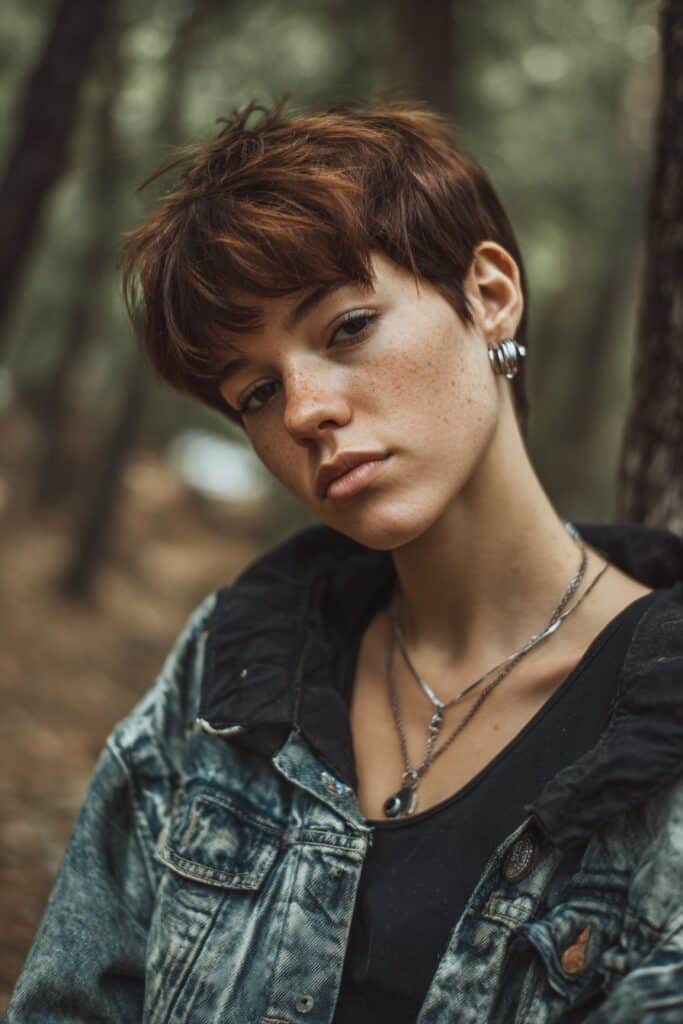 Edgy portrait of Black woman with wolf pixie cut, shag-inspired tousled layers, fierce expression in forest background.