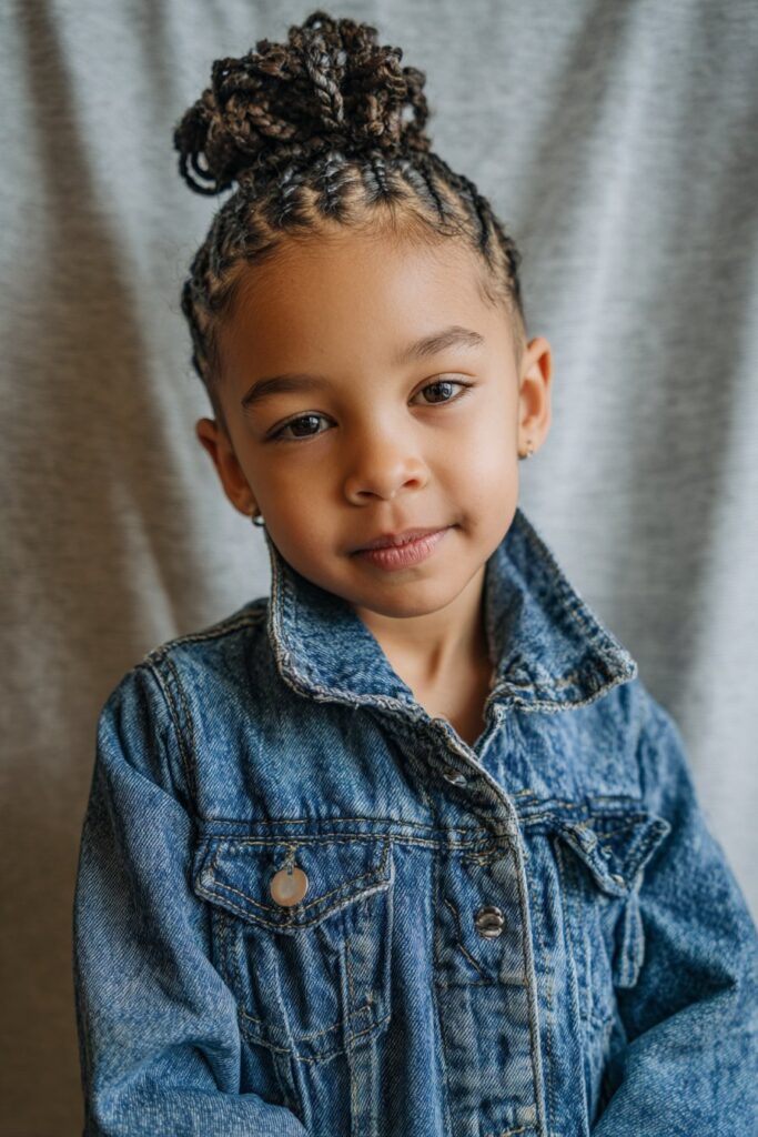 American child model with zigzag pattern cornrows in high bun, wearing denim jacket, confident smile against soft gray backdrop.