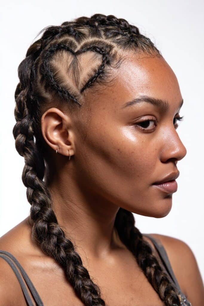 Close-up portrait of woman with intricate cornrows featuring heart-shaped braid pattern, swooped baby hairs, natural makeup, white backdrop