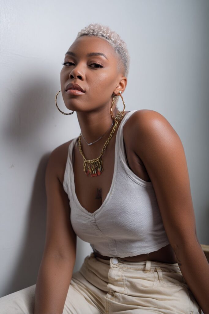 Stylish American woman with 4C hair in bold platinum pixie cut, edgy attitude, chic accessories, fashion-forward outfit, white backdrop.