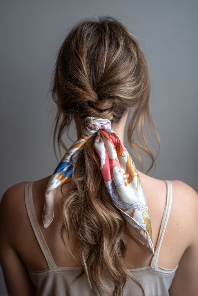 Back view of woman with wavy hair in loose braid with colorful silk scarf woven through, against gray backdrop.