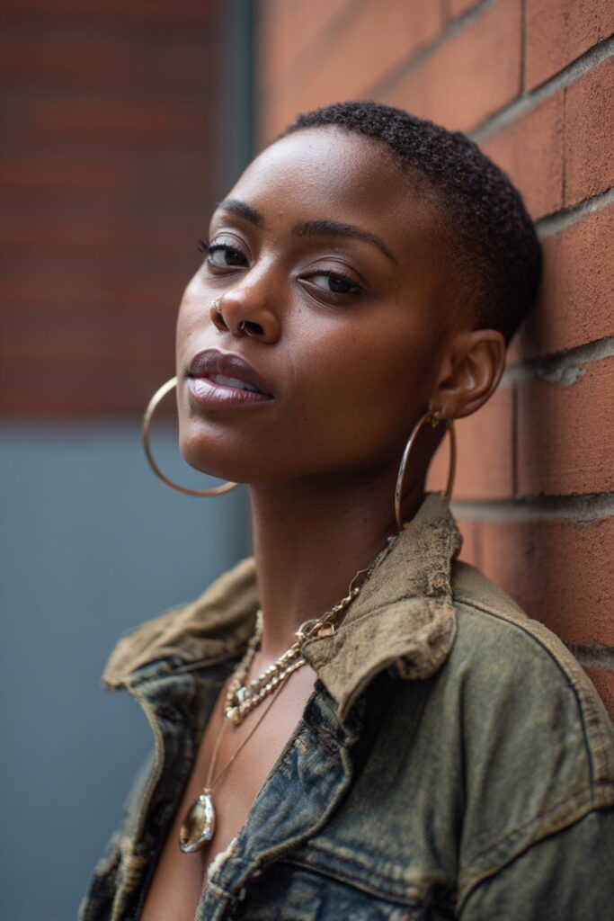 American woman with 4C hair styled into sleek straightened pixie, minimalist jewelry, confident gaze, urban brick wall background.