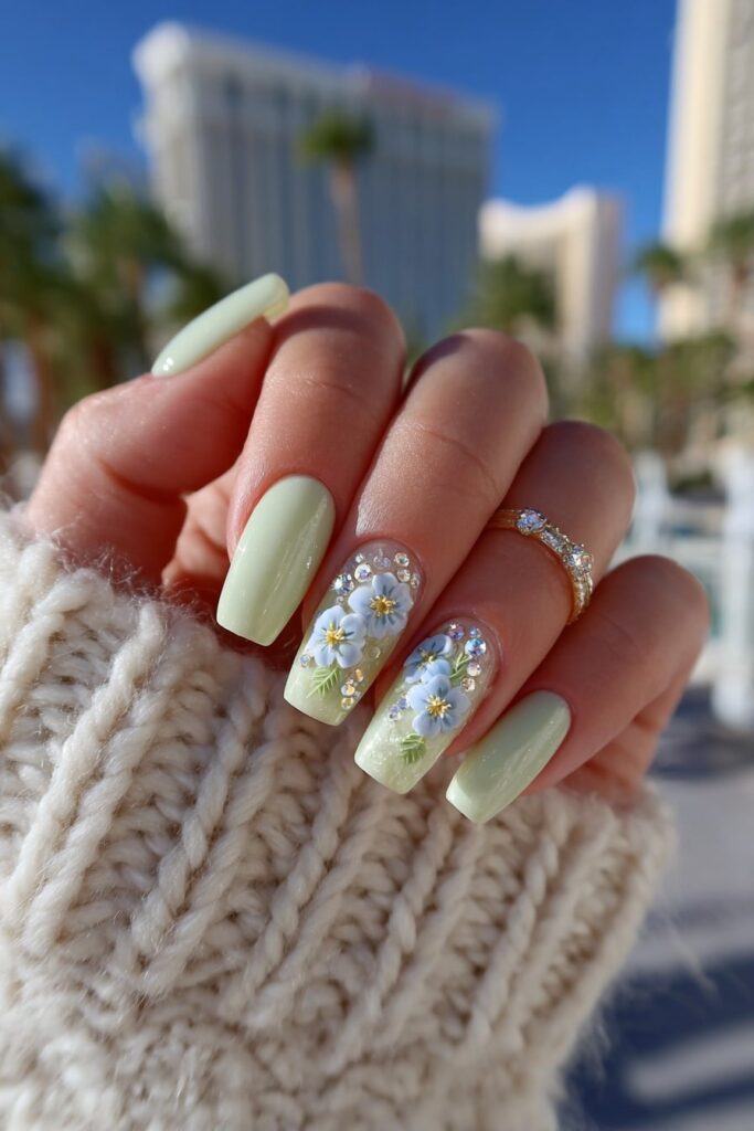 Vacation nails with pastel lilac and mint tones, decorated with 3D floral petals and crystal drops.
