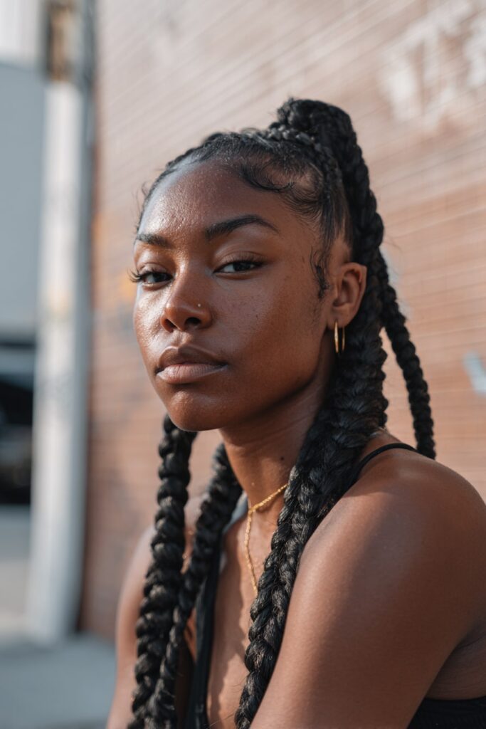 Stylish woman featuring five bold Jayda Wayda-inspired braids with dramatic length and flawless edges.
