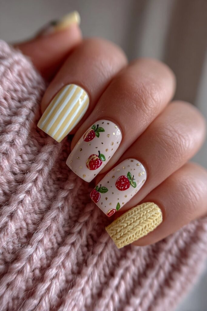 Back to school nails mixing stripes, dots, and red apples on different nails for a playful accent design.