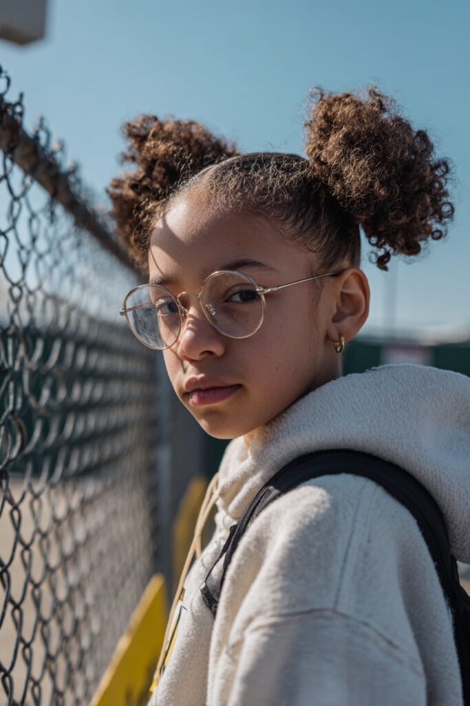 Schoolgirl with two full afro puffs, minimal makeup and clear glasses, smiling outdoors with a school fence in the background.
