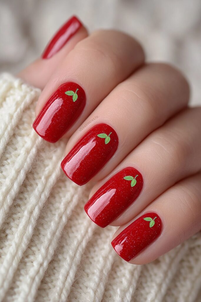 Shiny apple-red nails with small green leaf accents, perfect for a teacher-inspired back to school look.