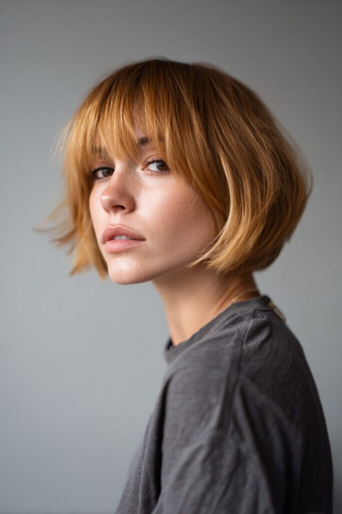 Model with an angled asymmetrical bob and full blunt bangs, one side reaching chin-length while the other is sharply tapered, caramel blonde tone, styled against a soft gray background.