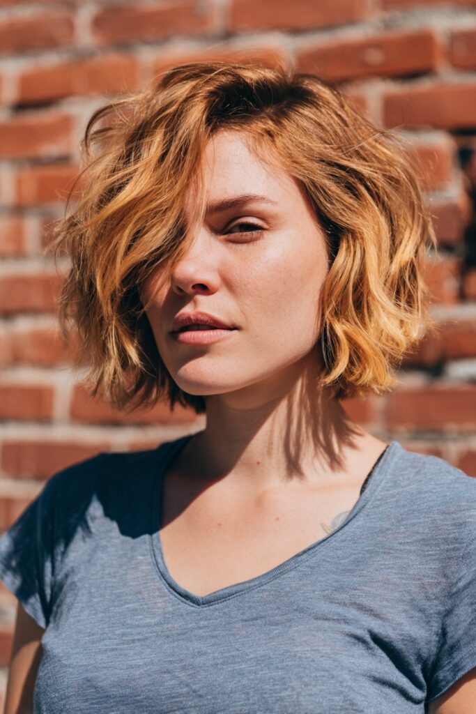 Model with short angled bob, feathered ends adding movement and softness, golden blonde tone, one side tucked and the other falling just past chin, styled with a brick wall behind.