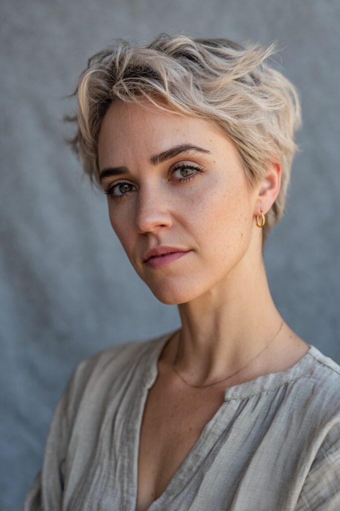 Lightweight asymmetrical haircut designed for fine hair, softly layered and angled with movement, pale ash blonde tone, airy and textured finish against a neutral gray background.
