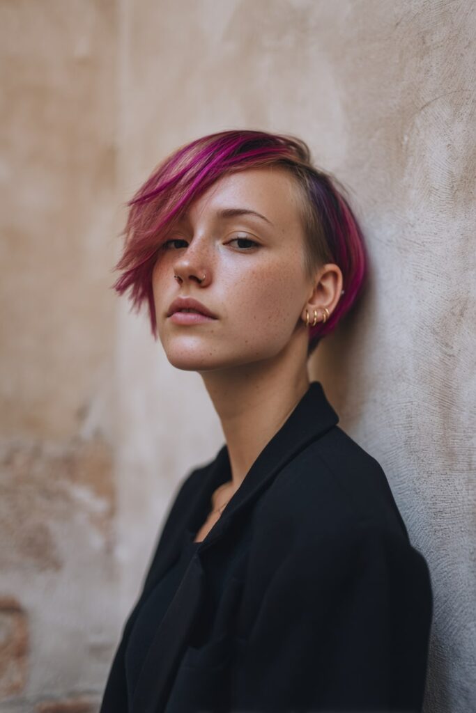 American model with a short asymmetrical cut featuring vivid magenta and purple color blocking, sharply angled with a side fringe, styled against a rough plaster wall for a bold effect.