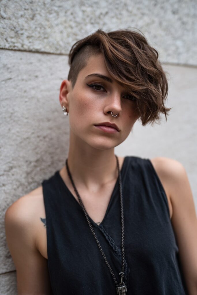 American model with a bold asymmetrical pixie haircut, one side cropped short and the other long and textured, bold brunette tone, posing against a plaster wall backdrop.