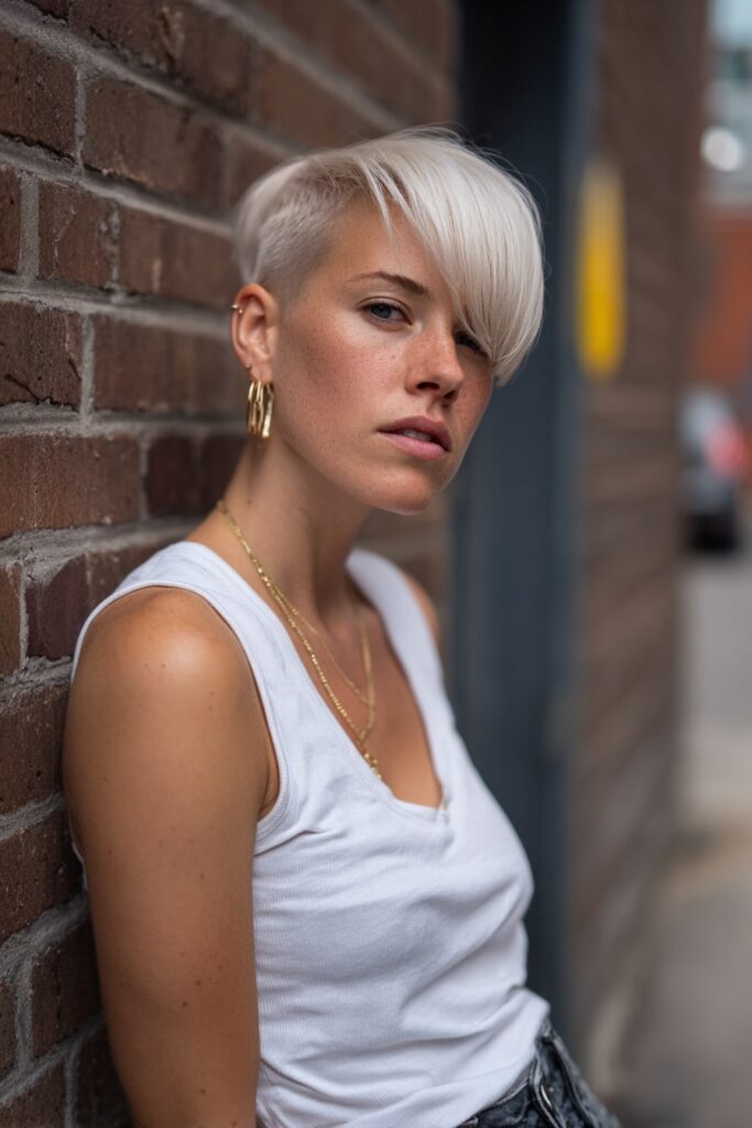 American model with a sharp asymmetrical pixie cut, short on one side and long side-swept bangs framing the face, platinum blonde color and sleek finish, set against a brick wall.