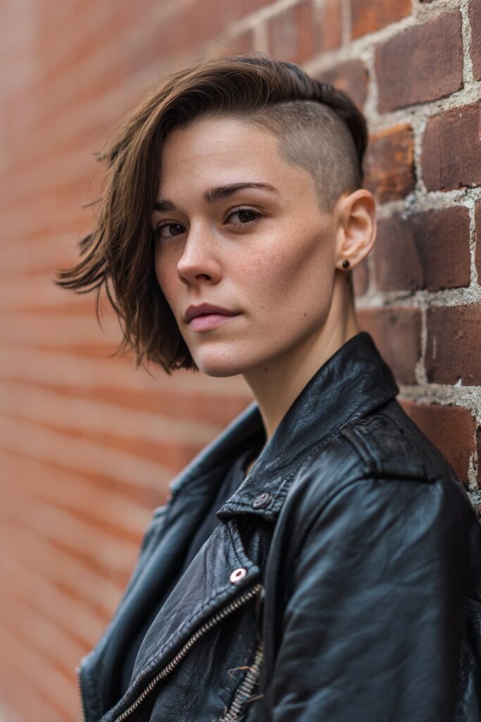Model with a short asymmetrical pixie cut featuring a creative shaved design on one side, longer fringe swept dramatically across the face, dark brown color, edgy look with brick wall setting.