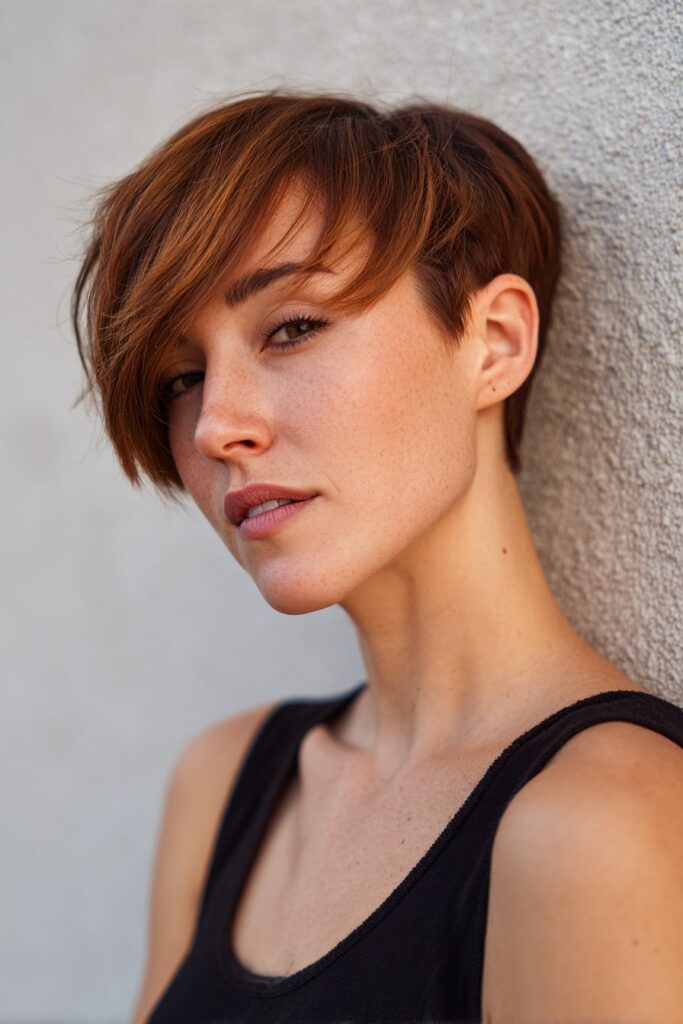 Short pixie cut with one side tapered and the other featuring a long side-swept fringe, chestnut brown color, chic and modern, shown on a textured neutral backdrop.