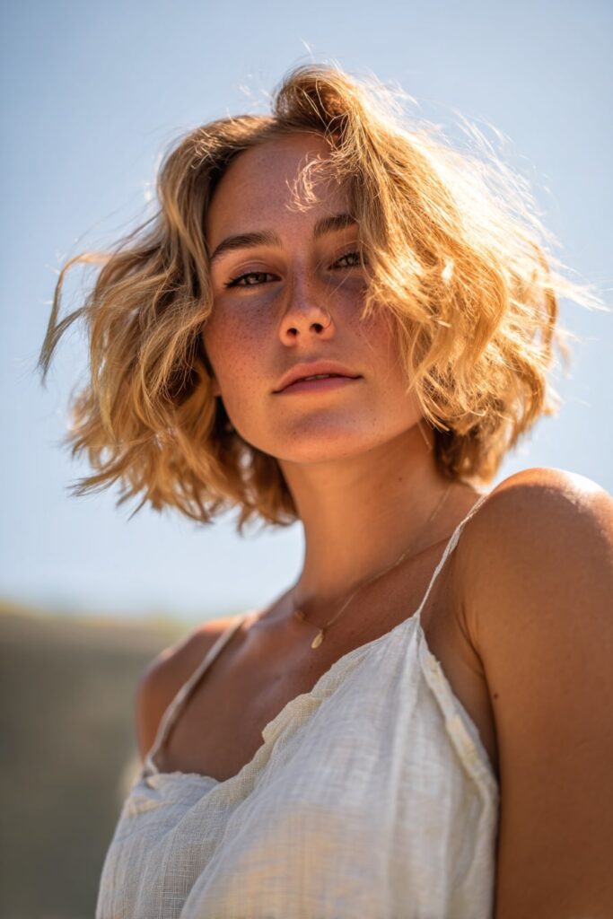 American woman with short beachy bob in sun-kissed golden blonde, messy textured waves and natural highlights, photographed in warm outdoor lighting.
