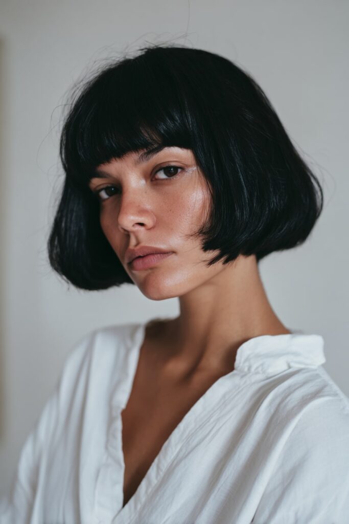 Sleek bixie haircut with sharp baby bangs and cropped nape, jet black matte texture, minimalist styling and makeup, studio shot against white backdrop.