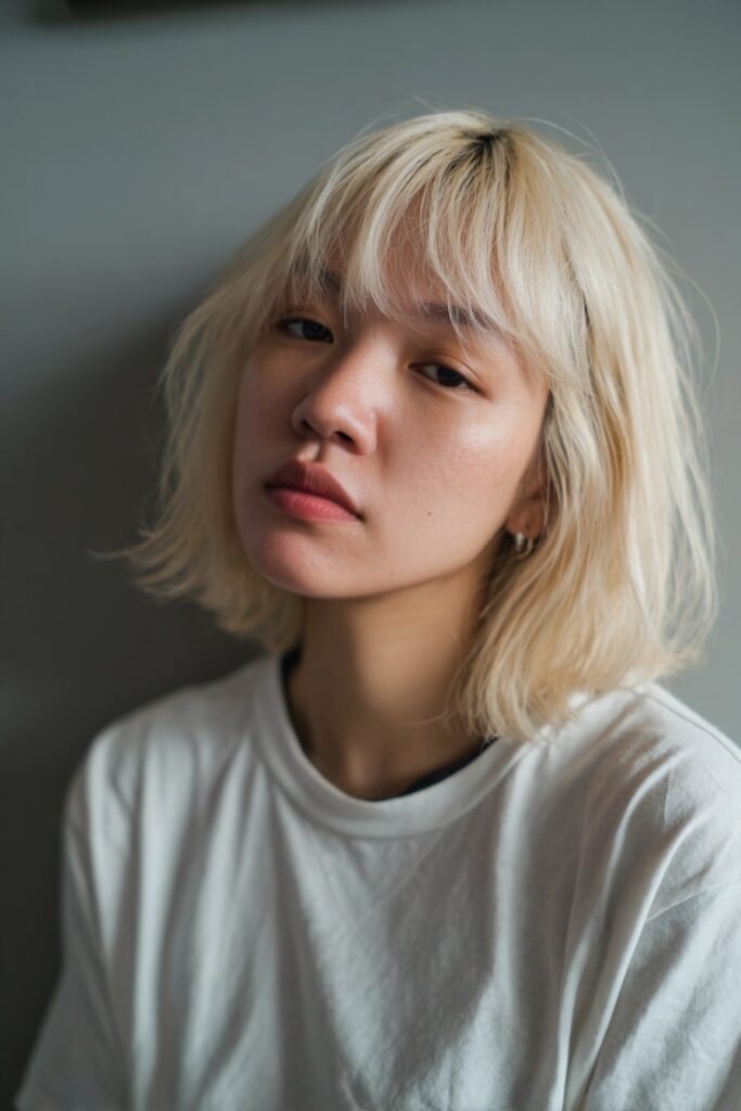 Soft curtain bangs and fluffy texture define this buttery blonde bixie haircut, American model with natural dewy makeup, shot against a gray fabric backdrop.