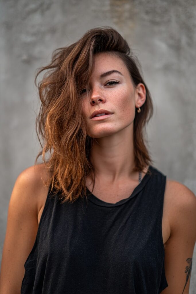 Ash brown bixie cut styled with a dramatic deep side part, layered sides and voluminous front fringe, neutral-toned makeup, captured against a textured gray backdrop.