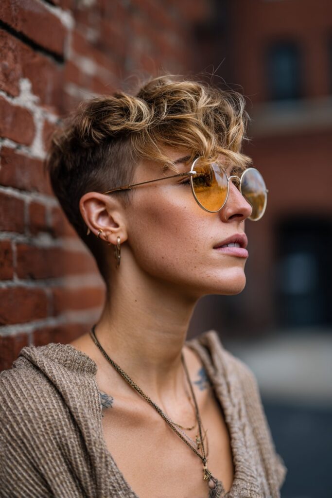 Textured bixie hairstyle with chunky golden highlights over a brunette base, messy volume and side part, paired with vintage sunglasses and brick wall background.