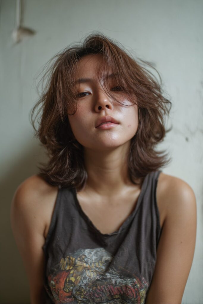 Shaggy layered bixie haircut in warm brown, styled with feathered ends and relaxed fringe, model in graphic tee against a raw plaster wall background.