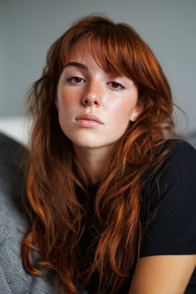 90s-inspired bixie haircut with side-swept bangs and longer front pieces, rich auburn tone, styled in loose natural texture, modeled against a soft gray fabric background.