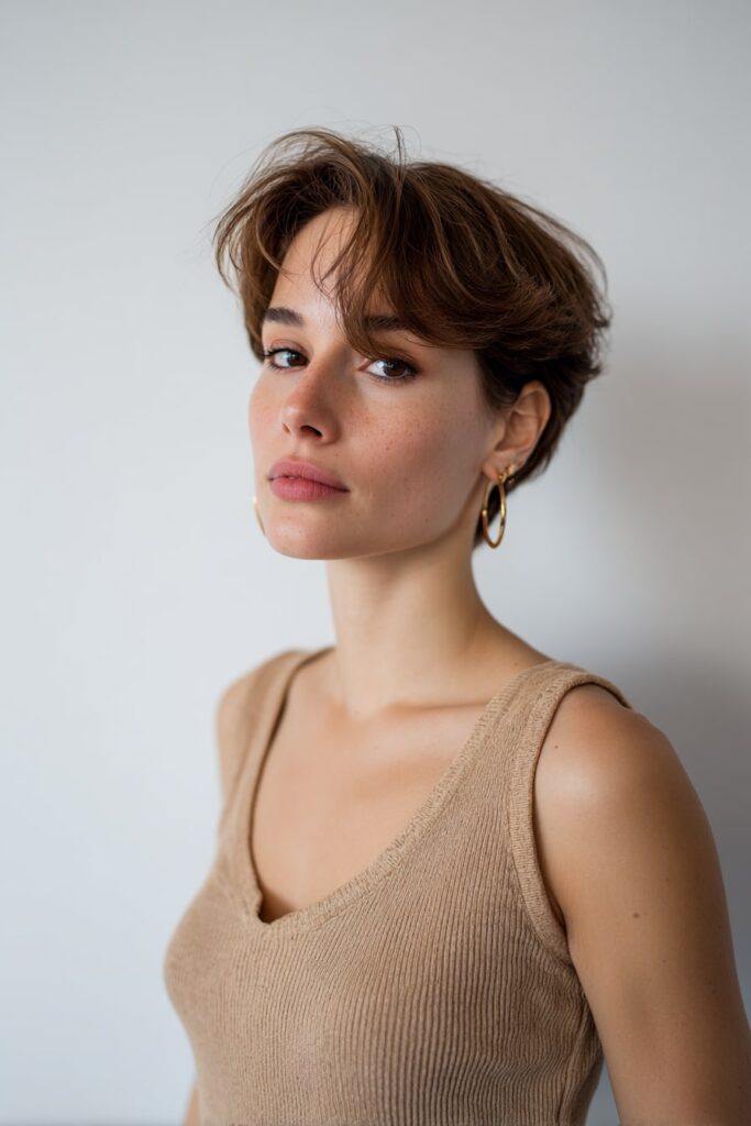 Clean bixie haircut with a neat tapered nape and soft volume at the crown, mocha brown tone, hoop earrings and soft glam, white studio backdrop.