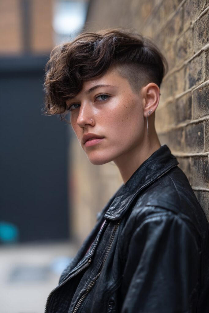 Edgy 90s bixie cut with a bold undercut on one side and tousled volume on top, dark brunette with red lowlights, worn with leather jacket in an urban brick setting.