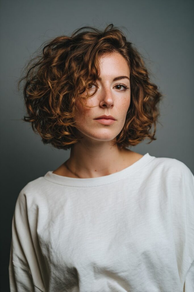 Voluminous crown bixie with soft curls and tapered sides in cinnamon brunette with warm highlights, worn with statement eyeliner and gray textured backdrop.