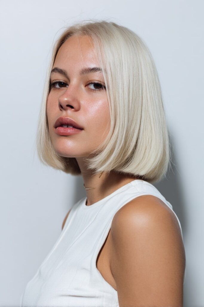 Female model with straight bleached blonde bob, chin-length and cut bluntly with slight waves at the ends, styled for an edgy, clean-lined look on a white backdrop.
