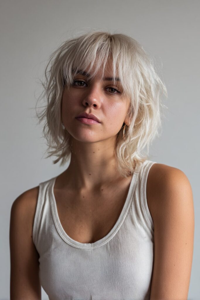 Model with platinum bleached hair and bleached eyebrows, short blunt bob with grungy texture and raw styling, neutral tank top and a clean white background.