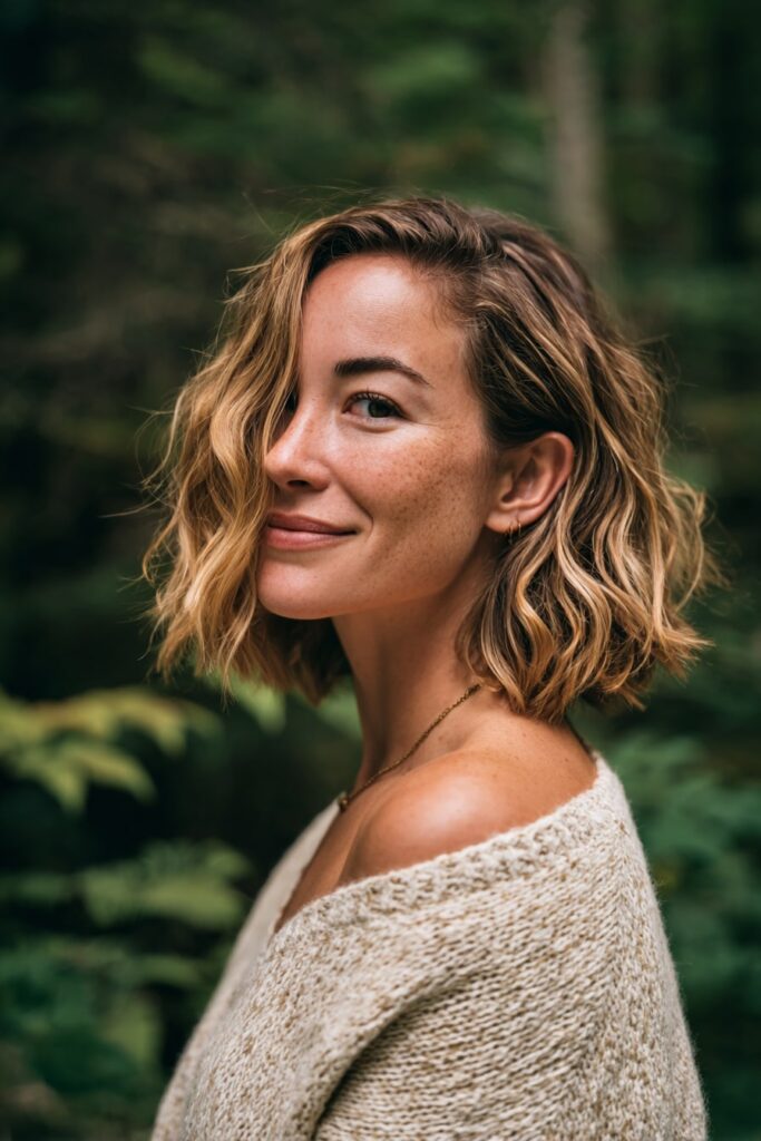 Model with a mid-length bob in softly blended blonde tones, featuring relaxed beachy waves and subtle color transitions, standing near a green forest edge.