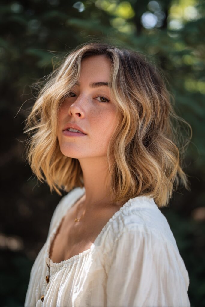 Shoulder-length bob with soft flowing waves and natural blonde balayage, dark roots and warm highlights adding depth, photographed in a forest-edge setting.